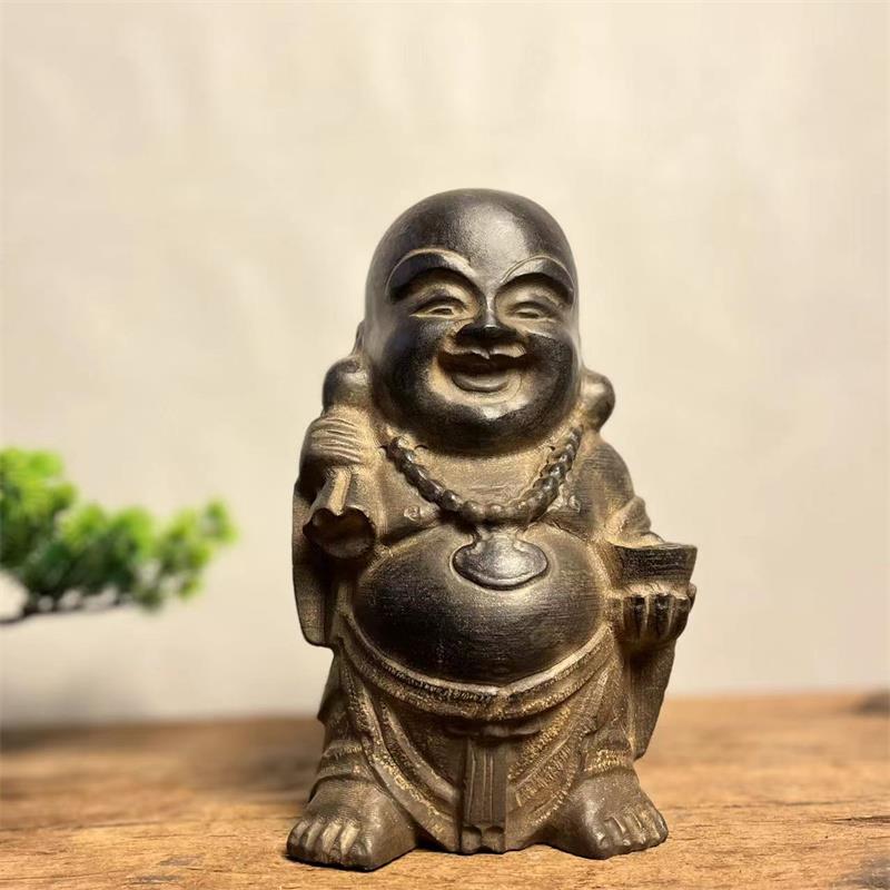 山西天然青石原石整石雕刻布袋弥勒佛摆件复古陈设高约22厘米