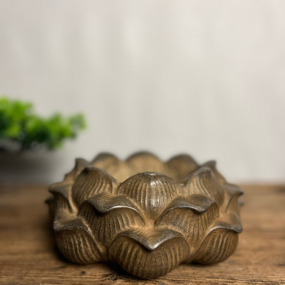 晋兴阁 天然青石仿古雕刻莲花石盆摆件 尺寸22×14×9公分