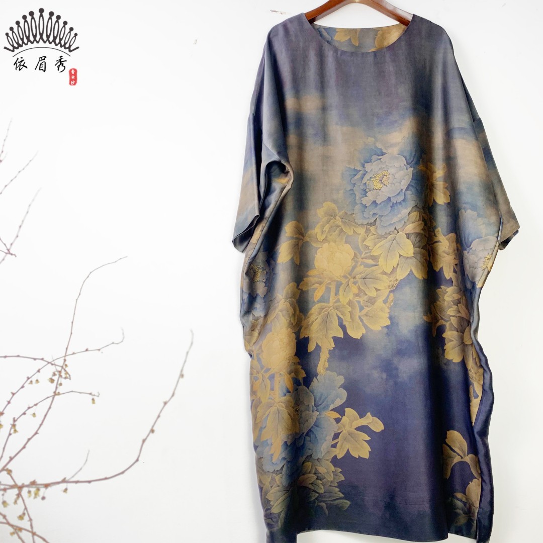 YIMEIXIU/依眉秀云纱缎面定位花宽松连衣裙 2462