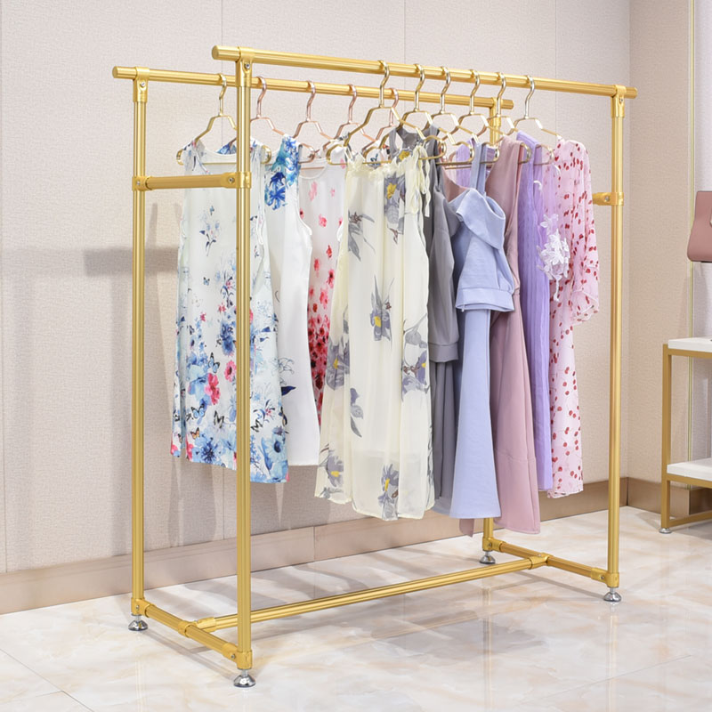 双杆式晾衣架 落地式晒衣架阳台 铝合金挂衣架卧室置地晾晒架金色