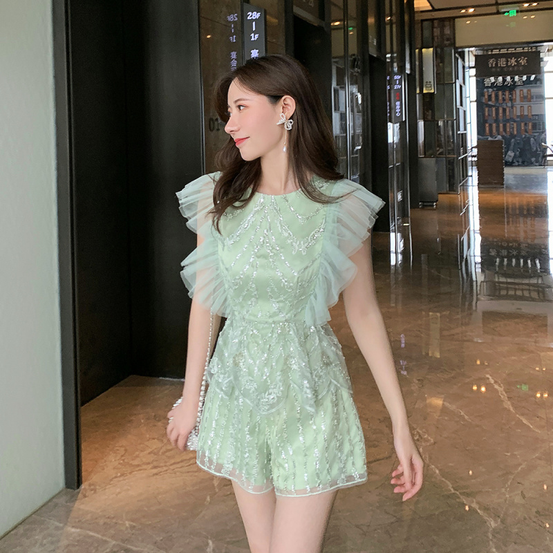 【21223】重工刺绣网纱牛油果绿色阔腿裤