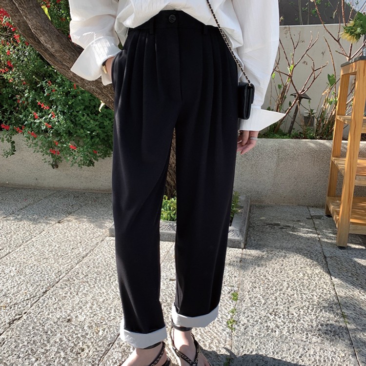 挚爱私服~梨形请一定要入！有态度的翻边打褶9分锥形西裤203KZ3