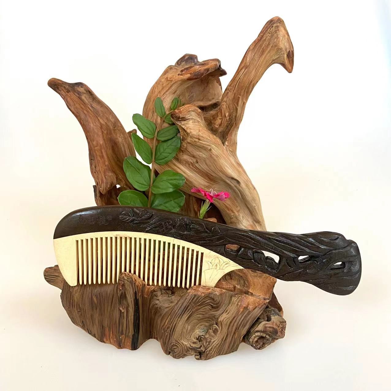 木梳三峡红叶  黄杨木 乌木纯手工雕刻