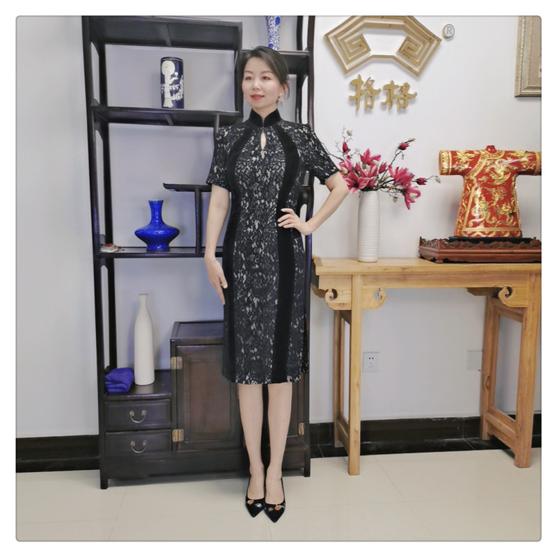 格格品牌   黑色蕾丝撞色拼接半袖气质复古短旗袍 G93AD020099