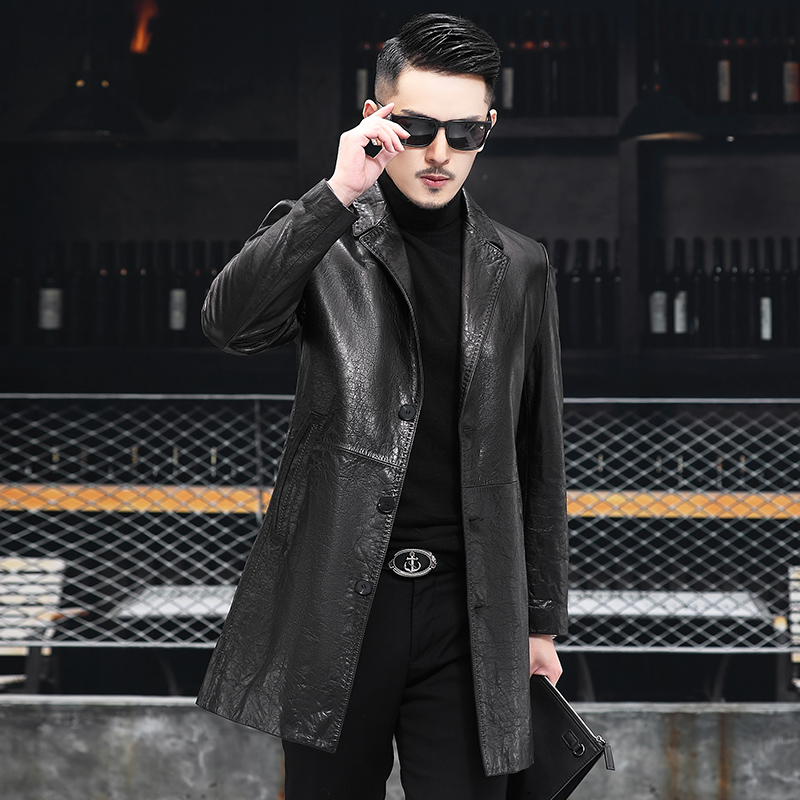 海宁]真皮皮衣男装中长款西装领小牛皮油蜡皮风衣外套A2103