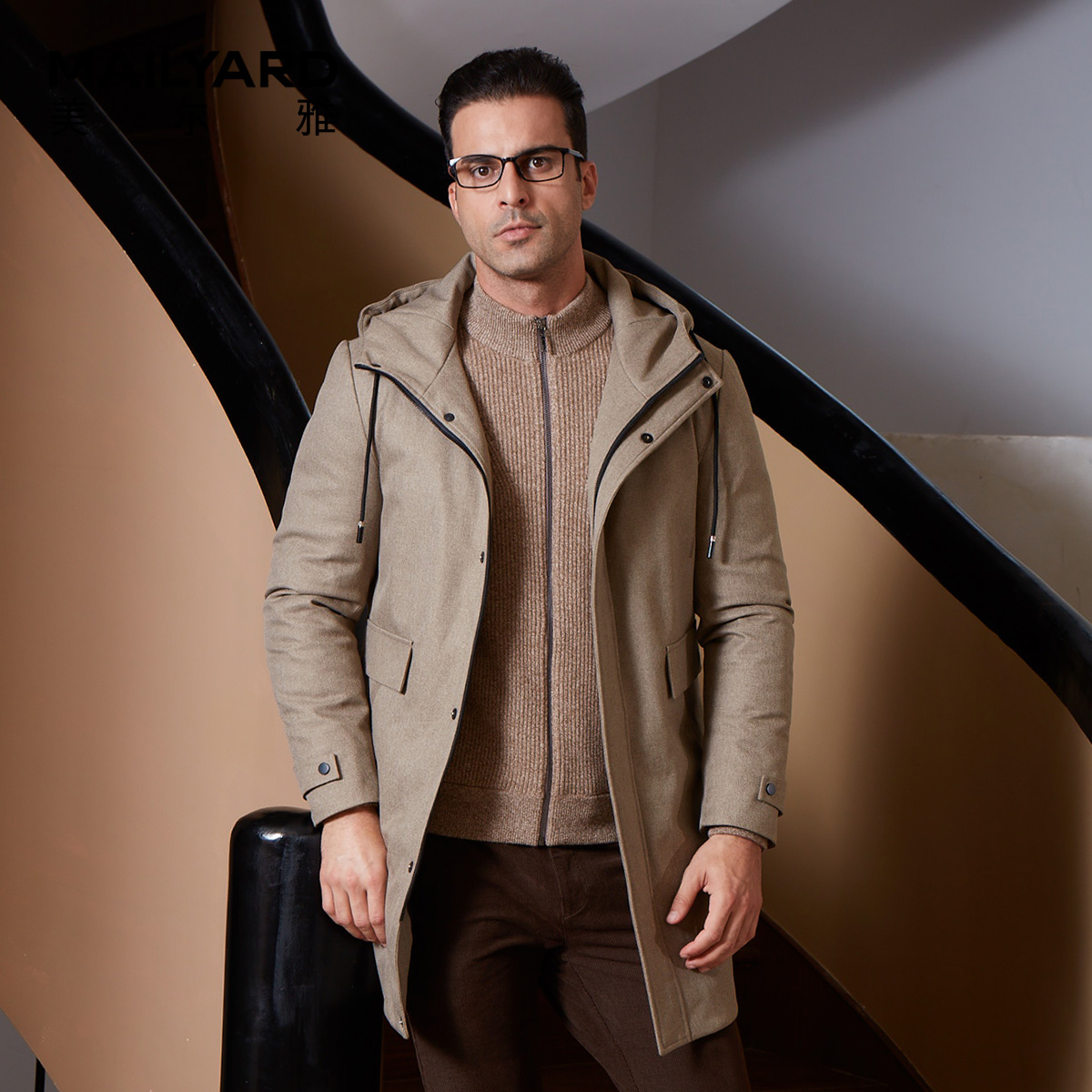 MAILYARD/美尔雅羽绒服 商务休闲男士冬季中长款连帽棉袄外套 177