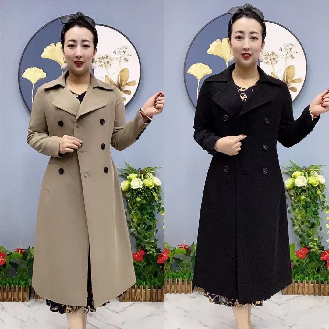 2073 大翻领双排大扣时尚修身显瘦百搭女装，风衣外套，110衣长
