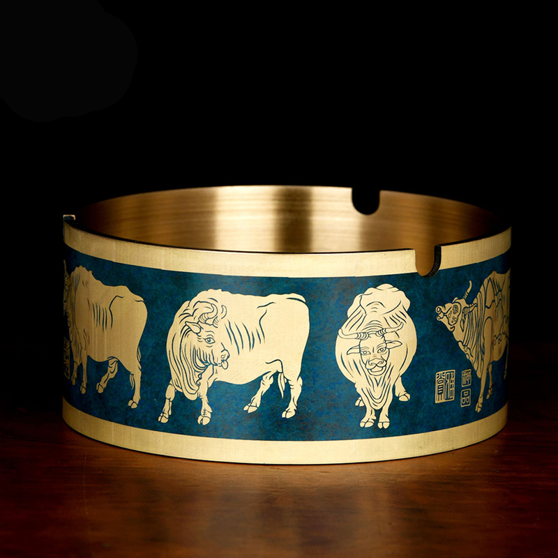 彩绘五牛烟灰缸家居店铺办公室办公桌装饰工艺品摆件高档家用
