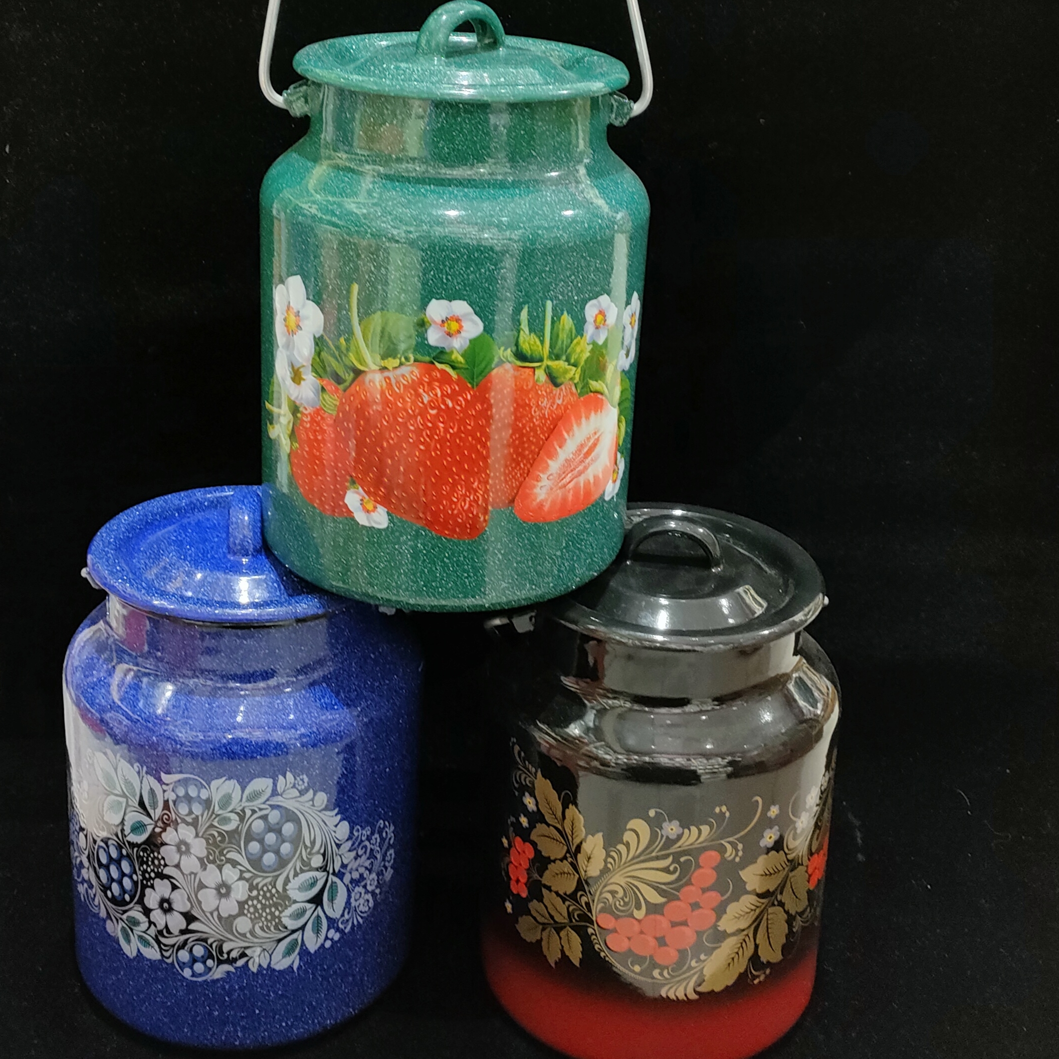 精选珐琅搪瓷3升牛奶桶家用蓝色绿色创意带盖精美储物花纹彩色