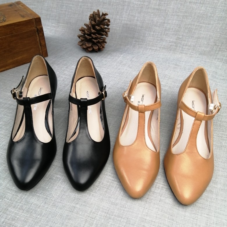 莰芙特春秋新款粗跟单鞋复古玛丽珍中跟丁字鞋手工女鞋加尖头真皮