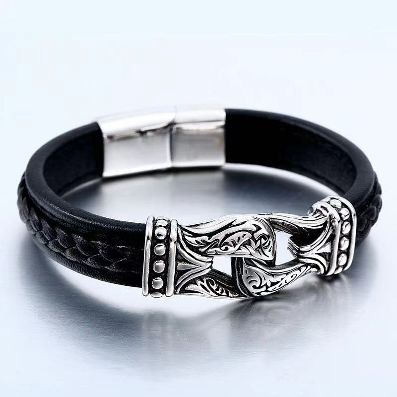 钛钢皮质手链 男士复古雕花北欧维京VIKING图腾牛皮手链
