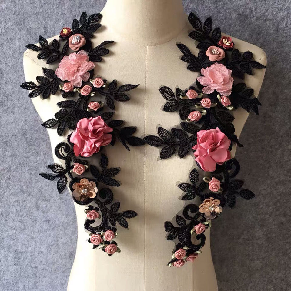 一对刺绣领花玫瑰立体花朵 diy补衣服贴装饰修补服装旗袍配件辅料