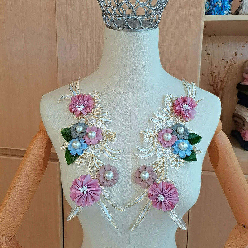 繁花似锦一对手工绣花DIY珍珠花朵蕾丝贴花女衣帽装饰纺织品辅料