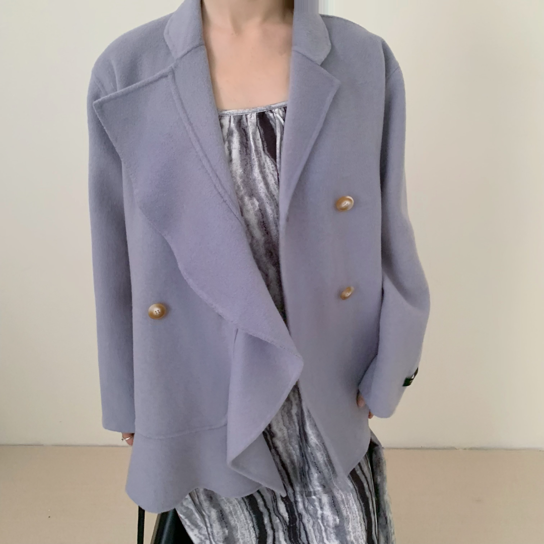 【干枯玫瑰】荷叶边双排扣短款大衣