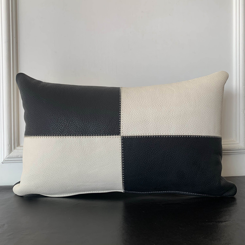 高档双面头层牛皮沙发靠垫客厅真皮腰垫方枕奢华美式简约拼色皮套