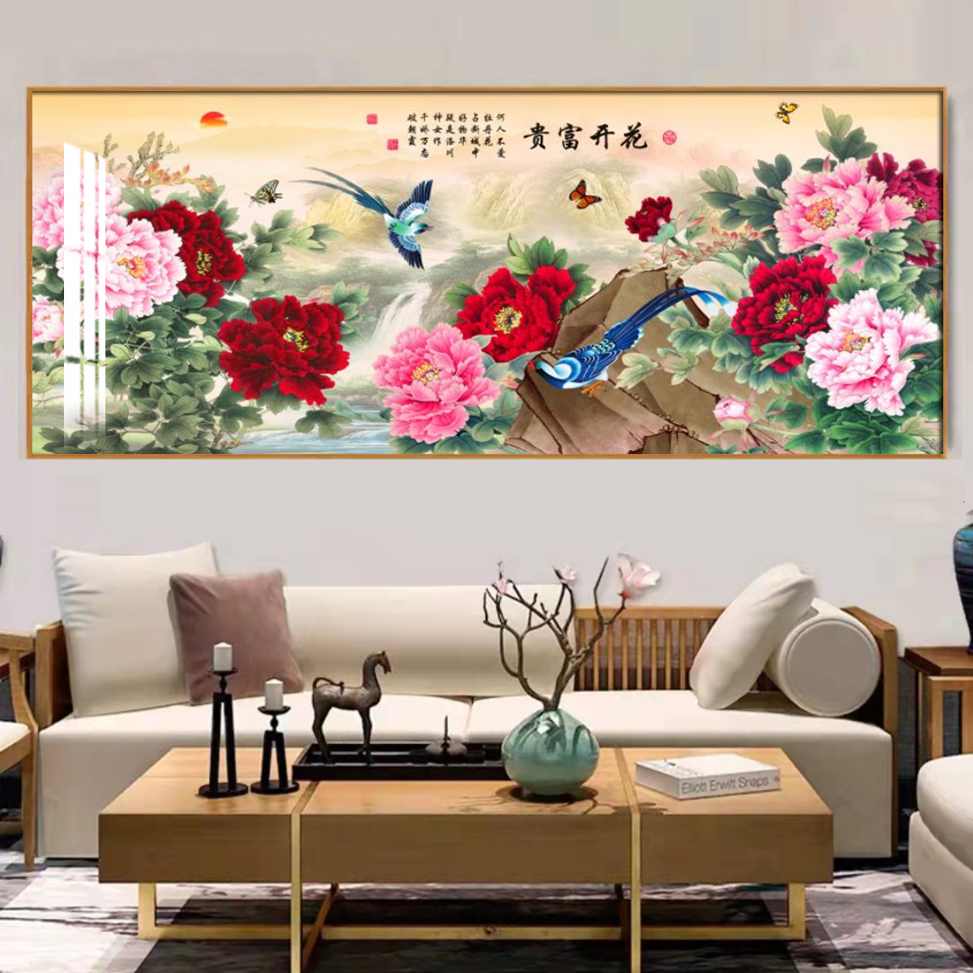 【横版花开富贵装饰画】顺丰发货单幅客厅晶瓷镶钻画大气沙发挂画