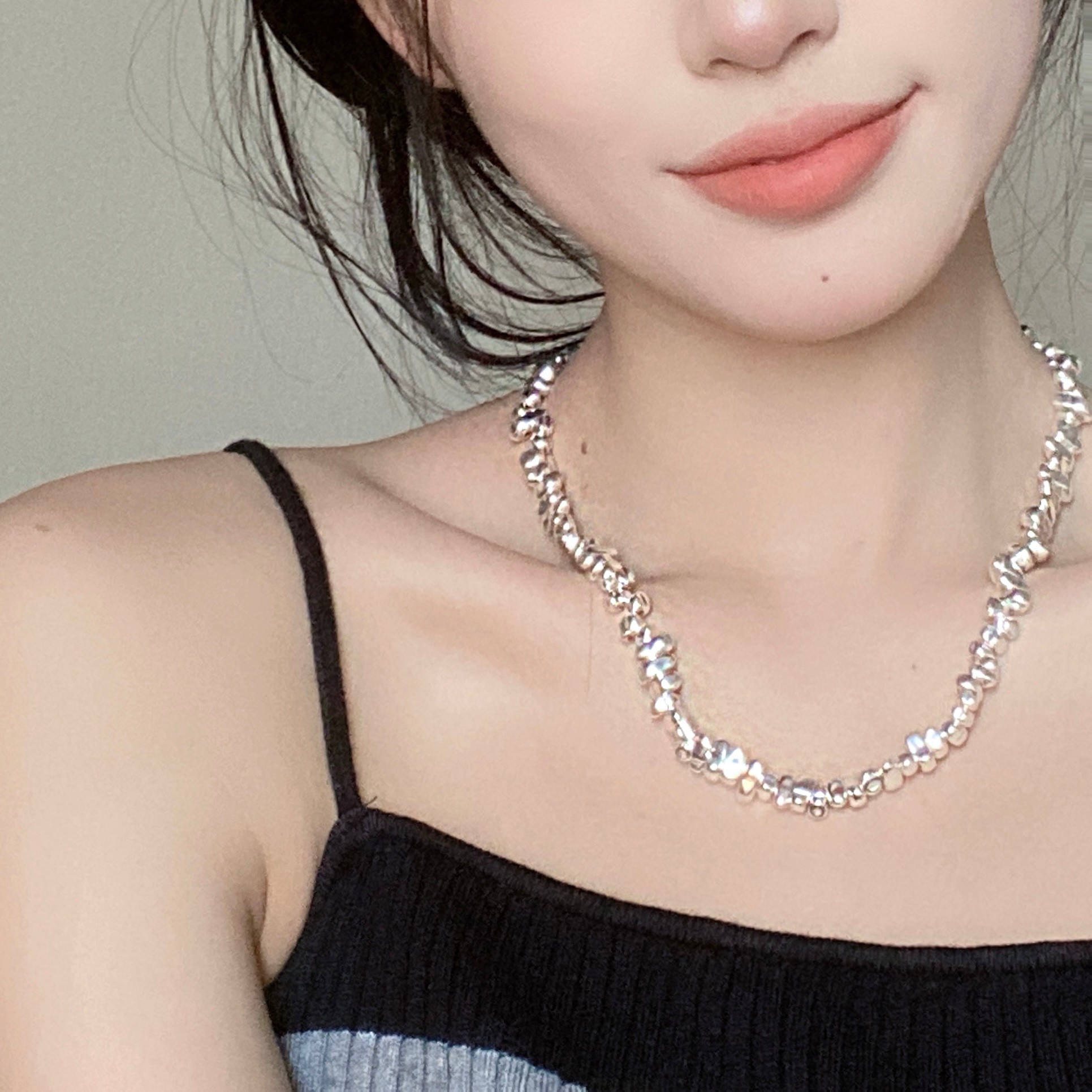 oushipei/欧诗佩 铜合金项链 甜酷冷淡风不规则拼接项链石头