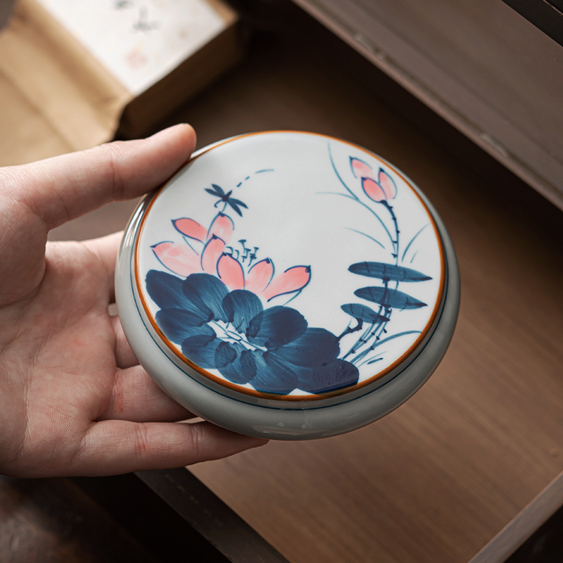 微瑕手绘荷花盖置老陶泥功夫茶道配件禅意杯垫复古家用茶托盖托
