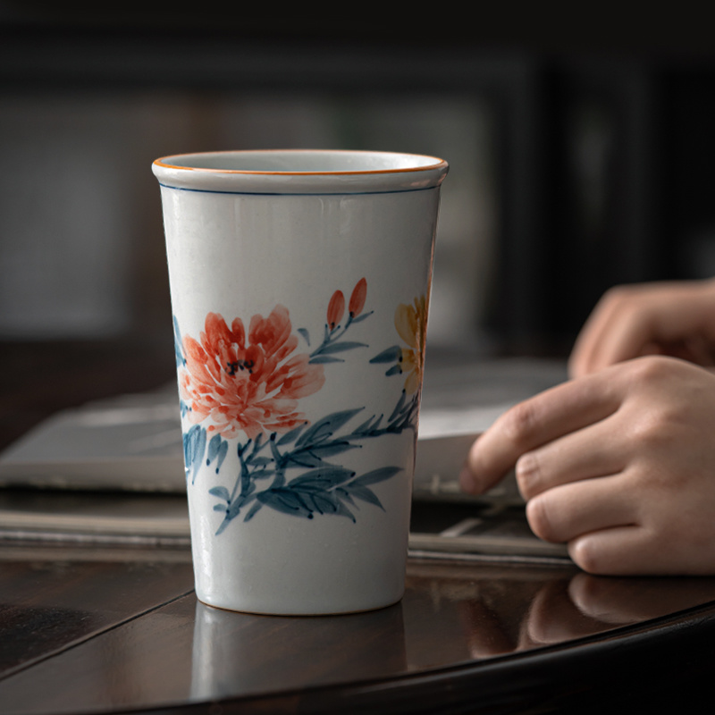 微瑕手绘牡丹可乐杯大容量主人杯陶瓷仿古釉下彩茶杯单个水杯