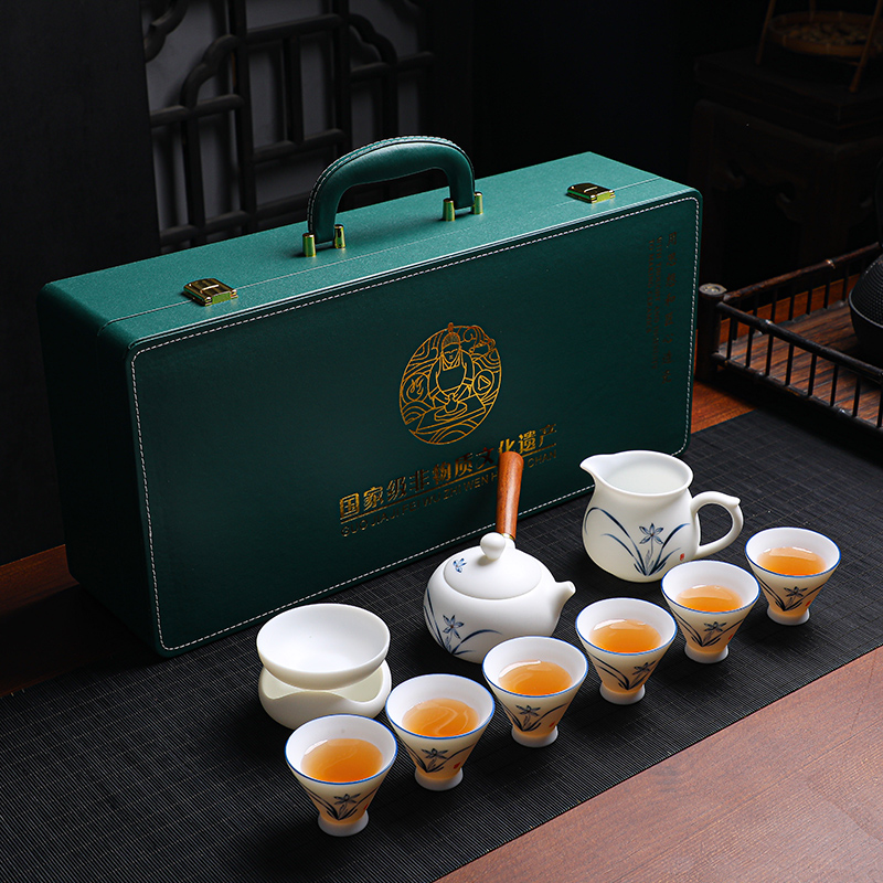 白起 中国白德化高端素烧羊脂玉瓷手绘兰花侧把壶套装随手礼茶具