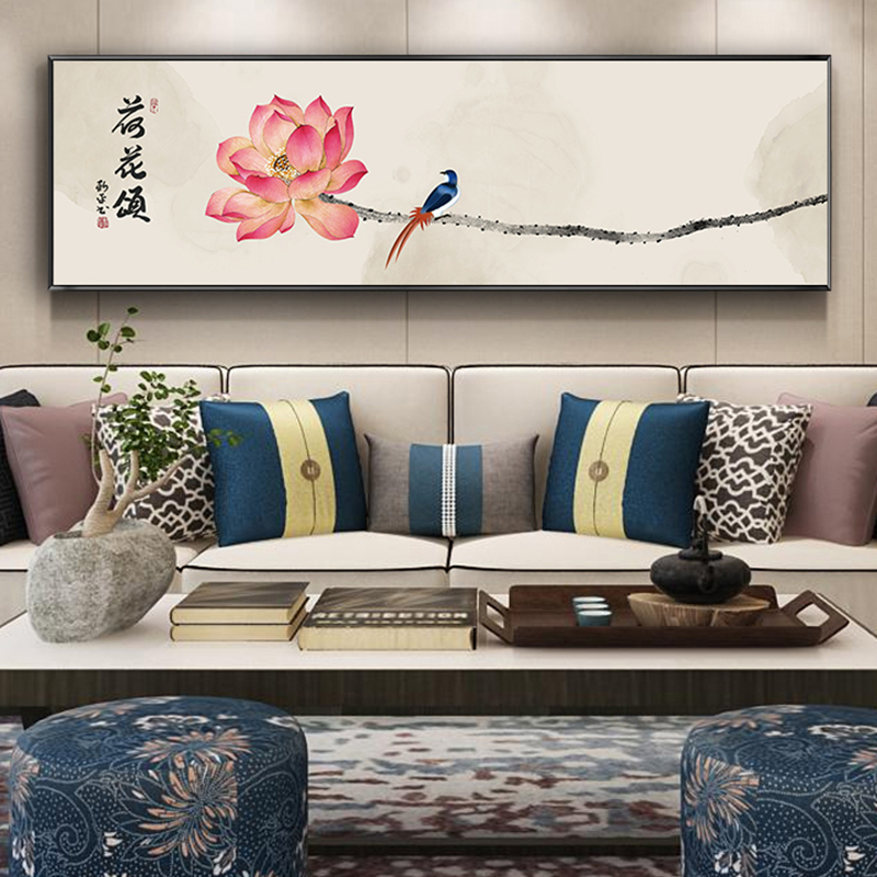 潮居新中式装饰画客厅沙发背景荷系列挂画茶室横幅禅意墙画床头画