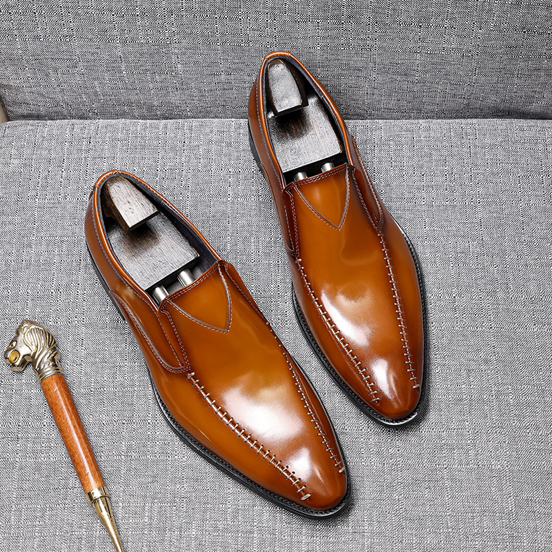 欧版尖头皮鞋英伦商务正装手工皮鞋男潮流新款正品一脚蹬真皮男鞋
