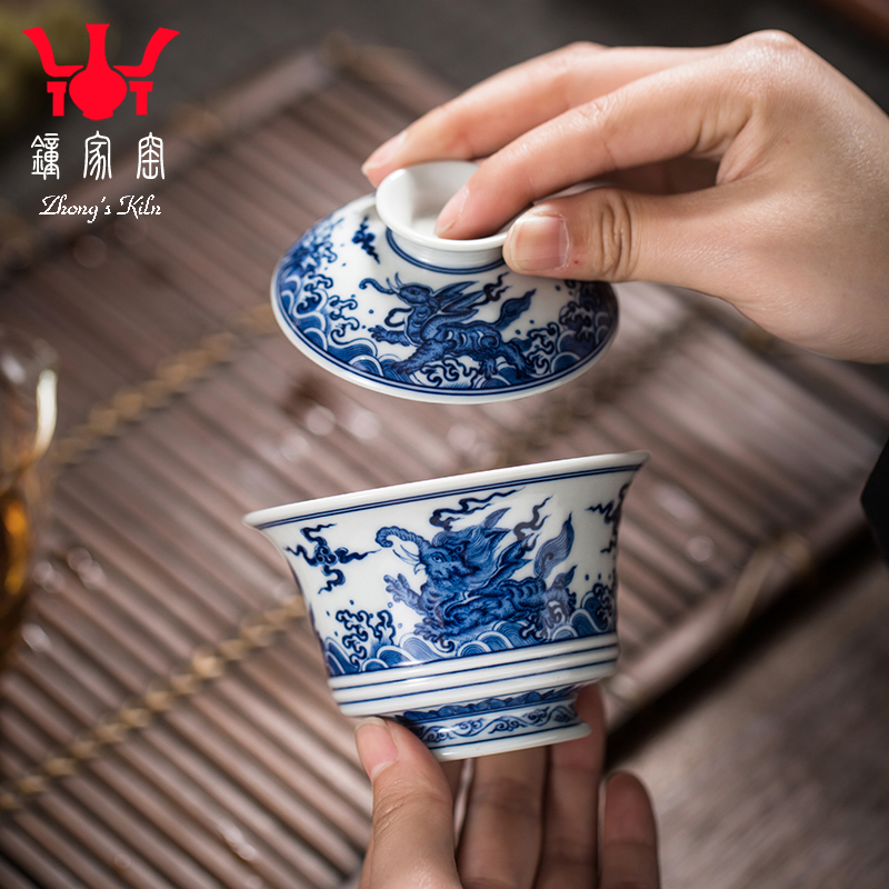 钟家窑盖碗茶杯 景德镇柴窑青花手绘海水飞象纹功夫茶泡茶碗小号