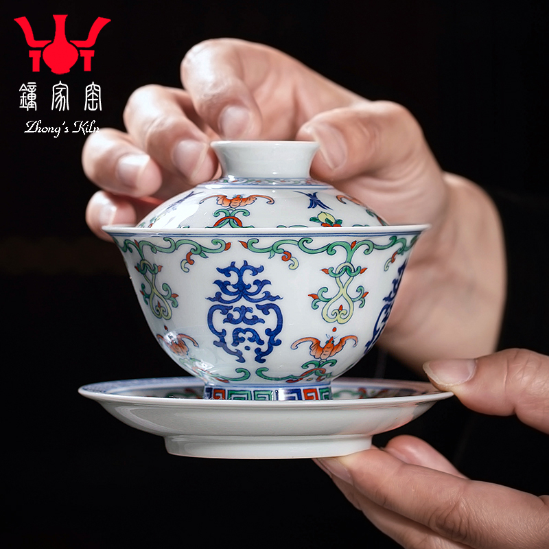 钟家窑斗彩盖碗 景德镇手工手绘福寿纹柴窑三才杯单个功夫泡茶碗