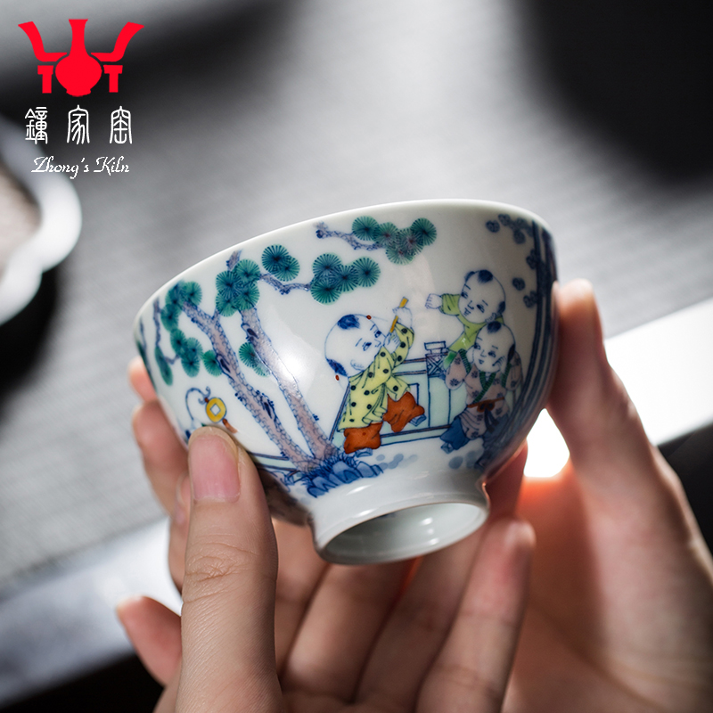 钟家窑陶瓷茶杯 景德镇青花斗彩柴窑手绘人物童子主人杯单杯茶盏