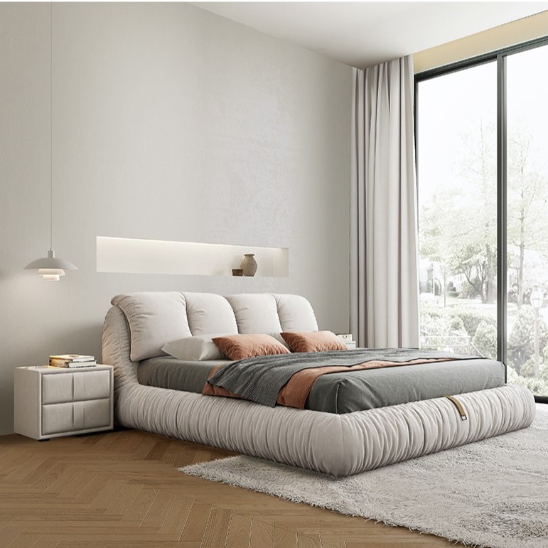 意式极简 简约现代北欧简约科技绒布艺床双人主卧床奶油侘寂风