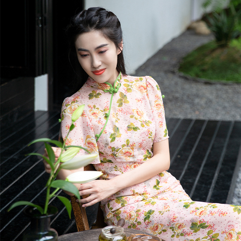 四美子玫双影夏秋改良旗袍连衣裙女鱼尾裙碎花清新原创国风新中式