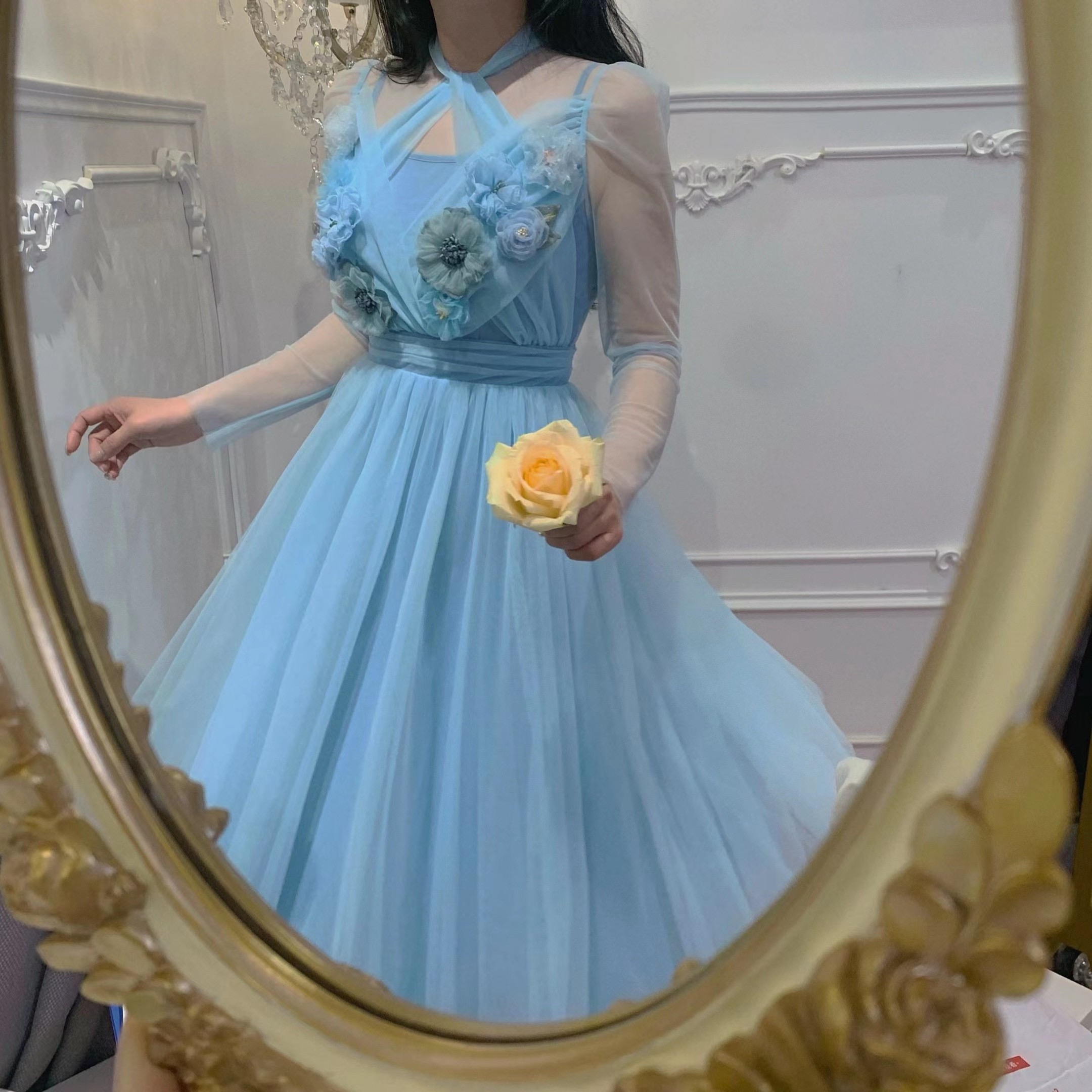 魅鹊 18279 【辛德瑞拉】 气质网纱拼接花朵公主仙女裙 