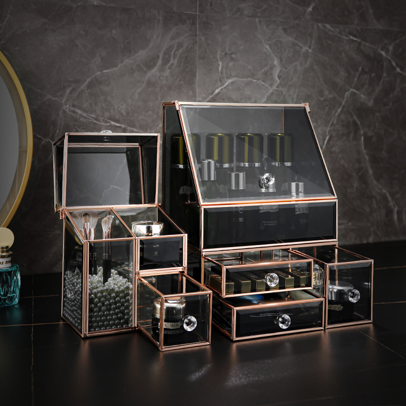 kaman玻璃化妆品收纳盒防尘桌面轻奢化妆箱梳妆台护肤品置物架
