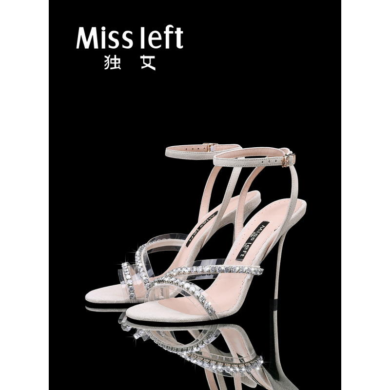 2025夏新款10cm鹿皮透明胶片锆石露趾一字带细高跟凉鞋女配长裙子