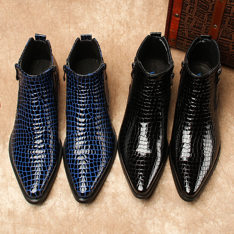 英伦尖头男短靴漆皮韩版切尔西皮靴潮流男靴真皮0838-506B