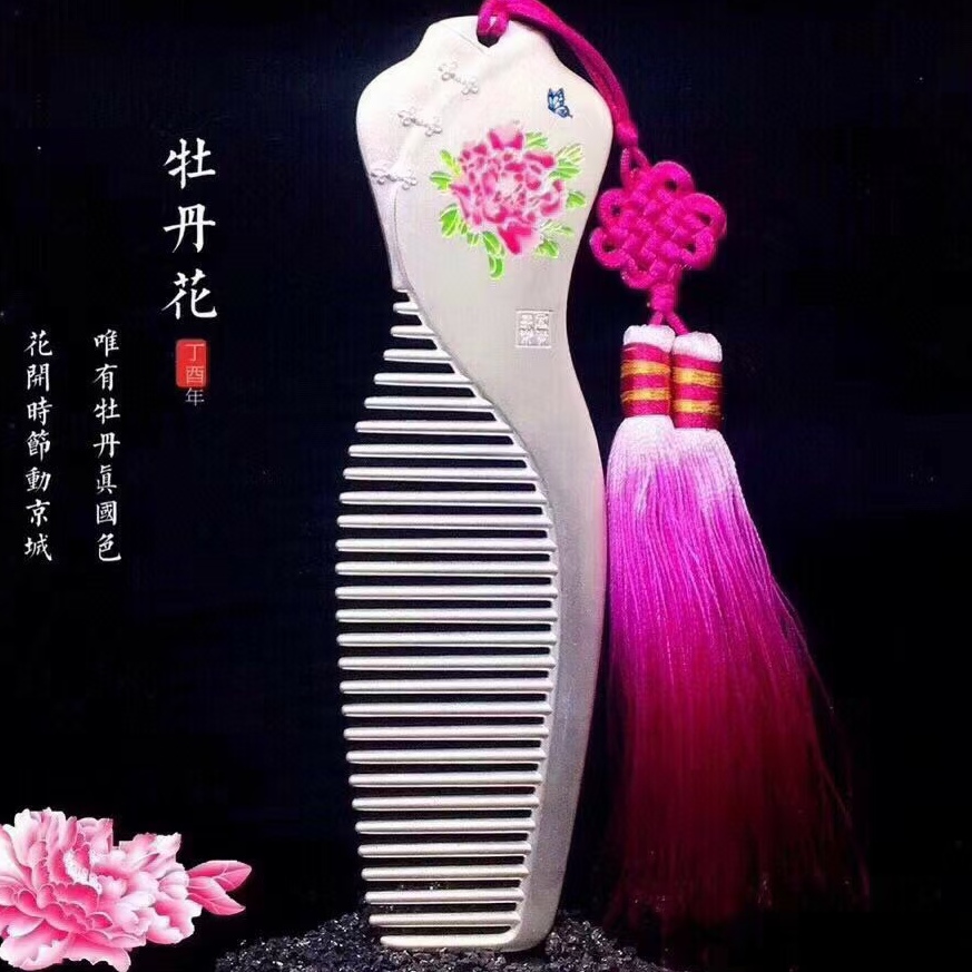 足银银制品 足银999梳子旗袍风韵流苏发梳手工妈妈发饰牡丹插梳