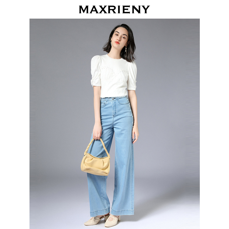 MAXRIENY丨网纱白衬衫秋季新款女士蕾丝泡泡袖上衣宽松显瘦高腰