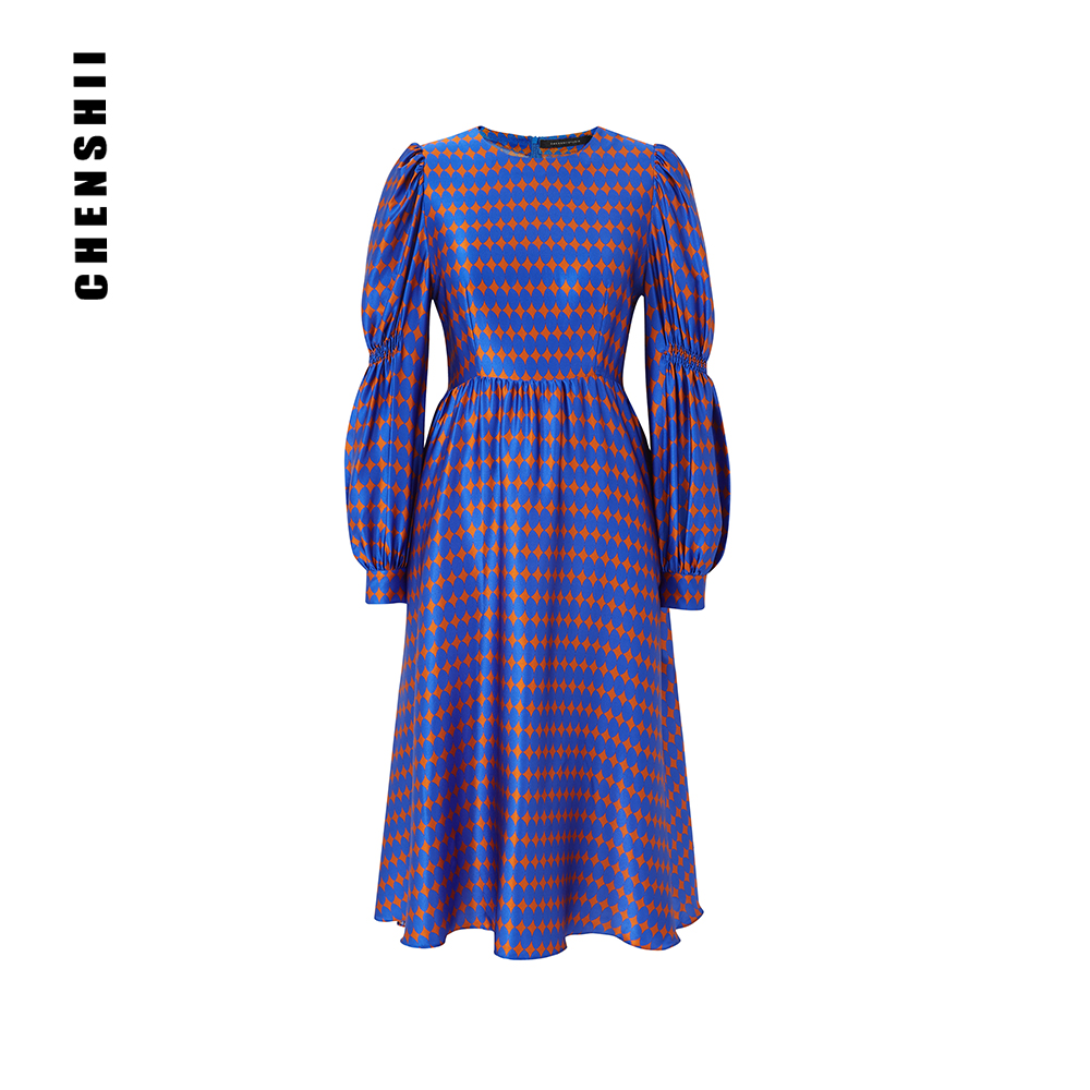 【CHENSHII 辰时】时尚印花真丝灯笼袖碎褶连衣裙 CS1Z03Y606   