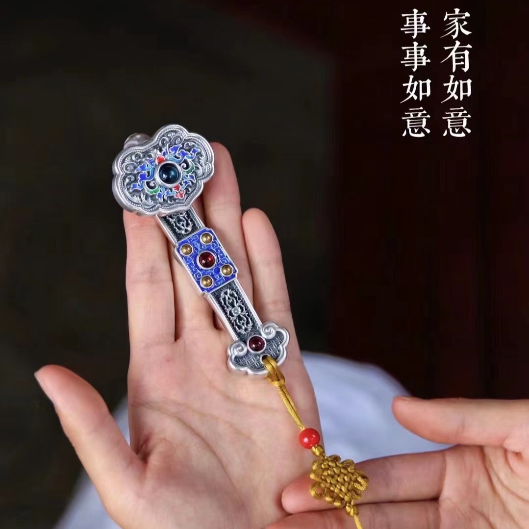 DAIXIN/黛鑫 足银珐琅银制品 999手工款烤蓝银如意摆件手把件复古