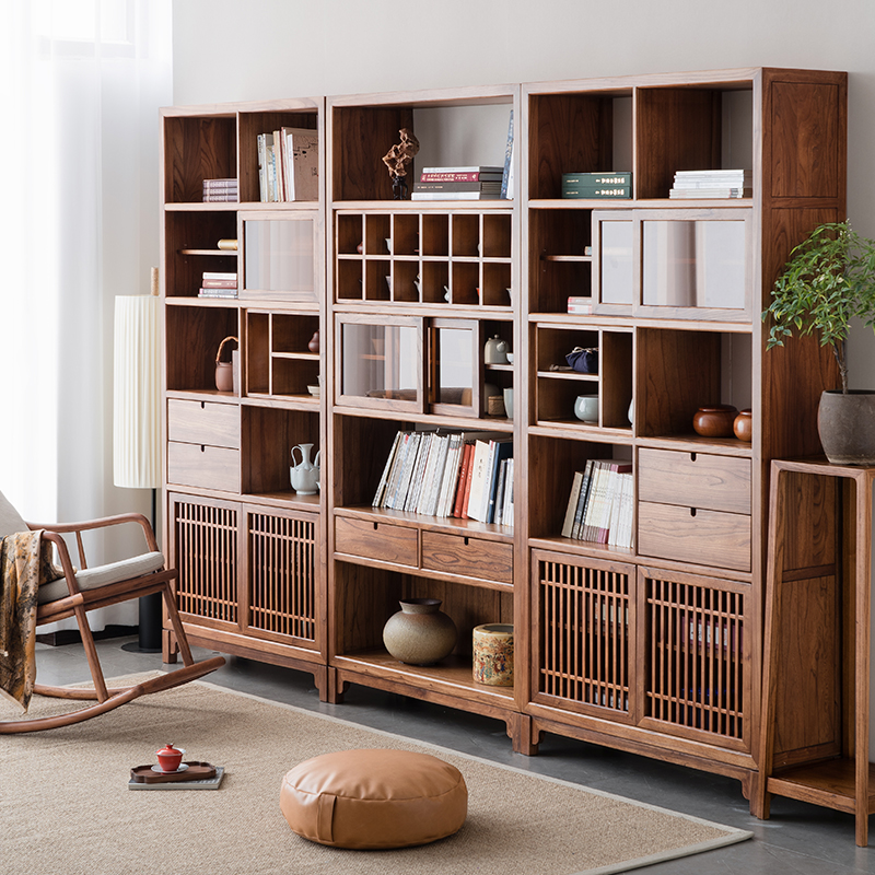 实木书柜新中式老榆木组合书架一体隔断整墙展示柜书房家用置物柜