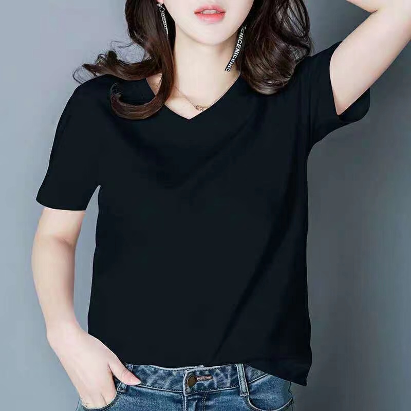 高品质棉V领鸡心领2025新款T恤女宽松短袖半袖简约休闲百搭t恤女