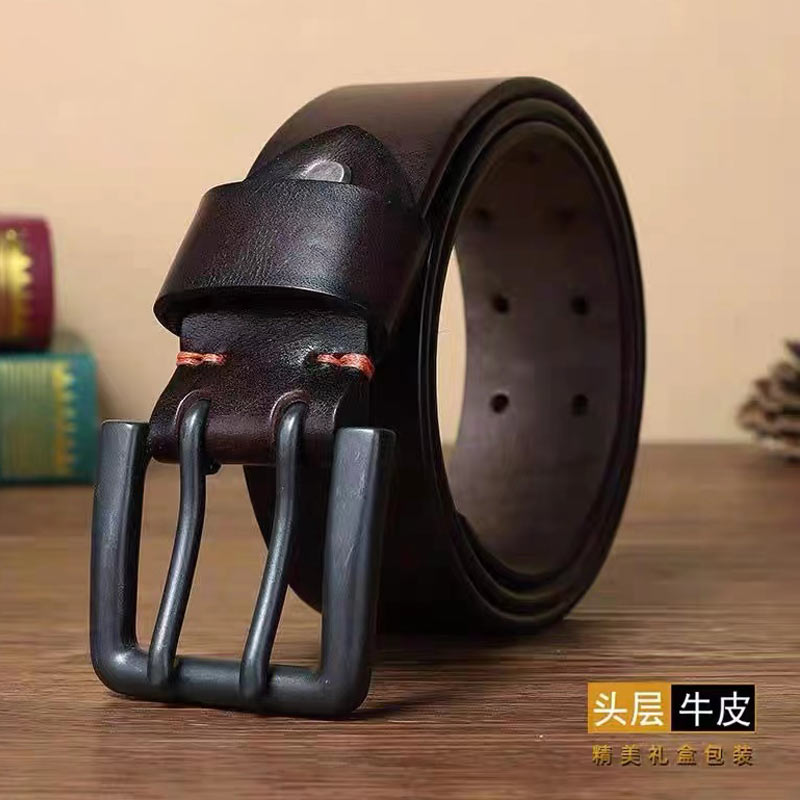 4.3CM加宽头层牛皮皮带腰带男真皮加厚双针扣裤潮ins休闲新款