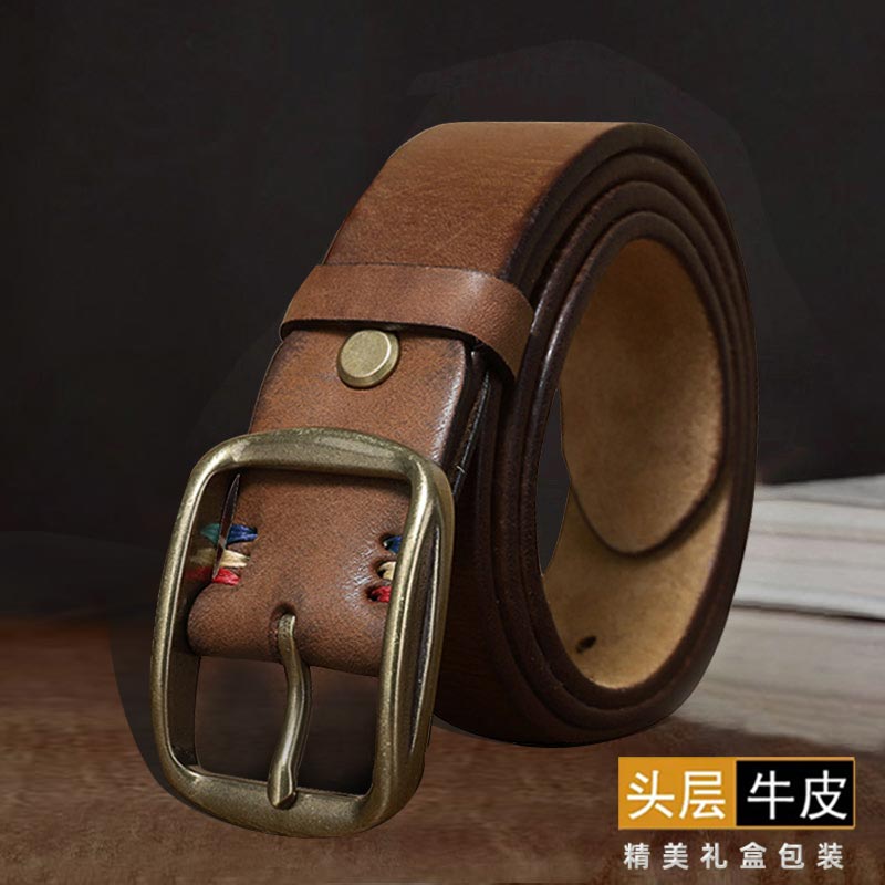 3.8CM加厚真皮皮带男腰带头层牛皮铜针扣潮ins休闲韩版百搭裤带