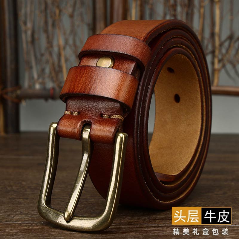 3.8CM加厚头层牛皮真皮皮带男腰带针扣潮ins休闲中年裤带2022新款