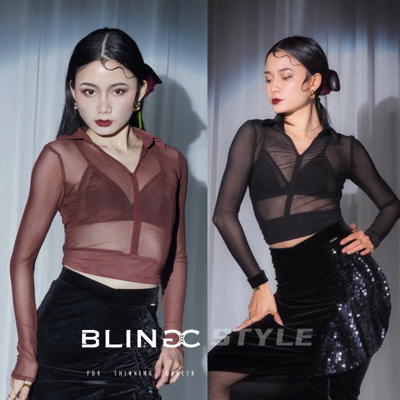 BLINGC新款女士拉丁舞服长袖衬衫练功服网纱连体衣舞蹈服性感160