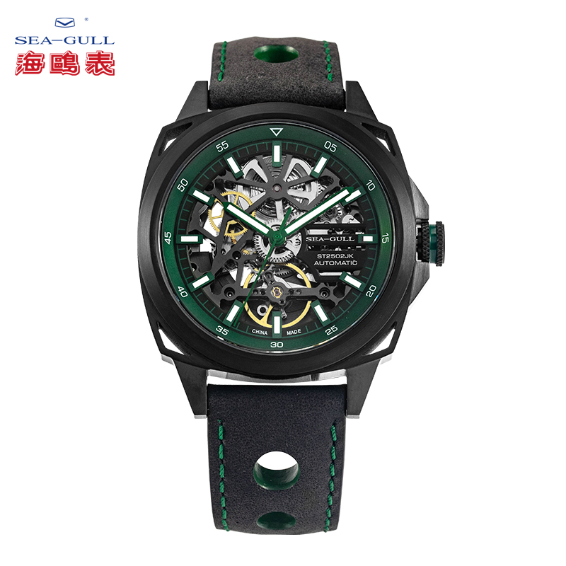 【天津手表厂】海鸥夜光镂空自动机械男士手表绿镂空休闲潮流