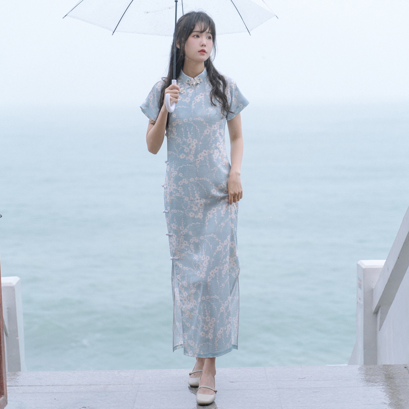 川黛时光：雪柳绘民国风雪柳印花复全开襟曳地旗袍女夏短袖连衣裙