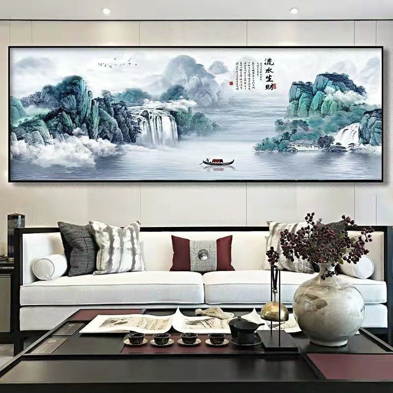 （新中式流水生财横幅画客厅沙发办公室背景 晶瓷晶钻装饰挂画立体