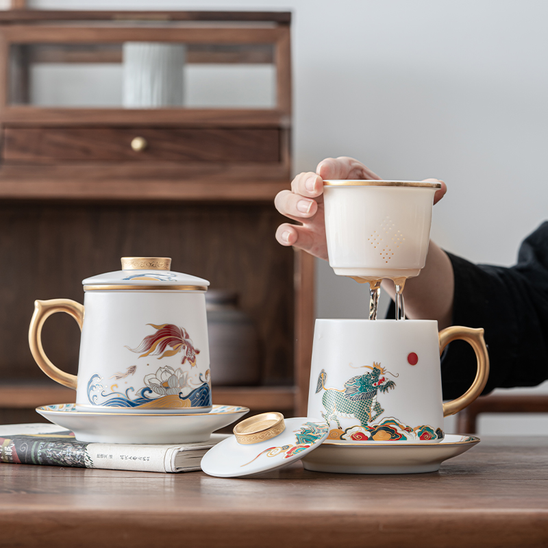 羊脂玉海纳百川杯办公杯送礼佳品高档大容量陶瓷礼盒装喝水杯描金