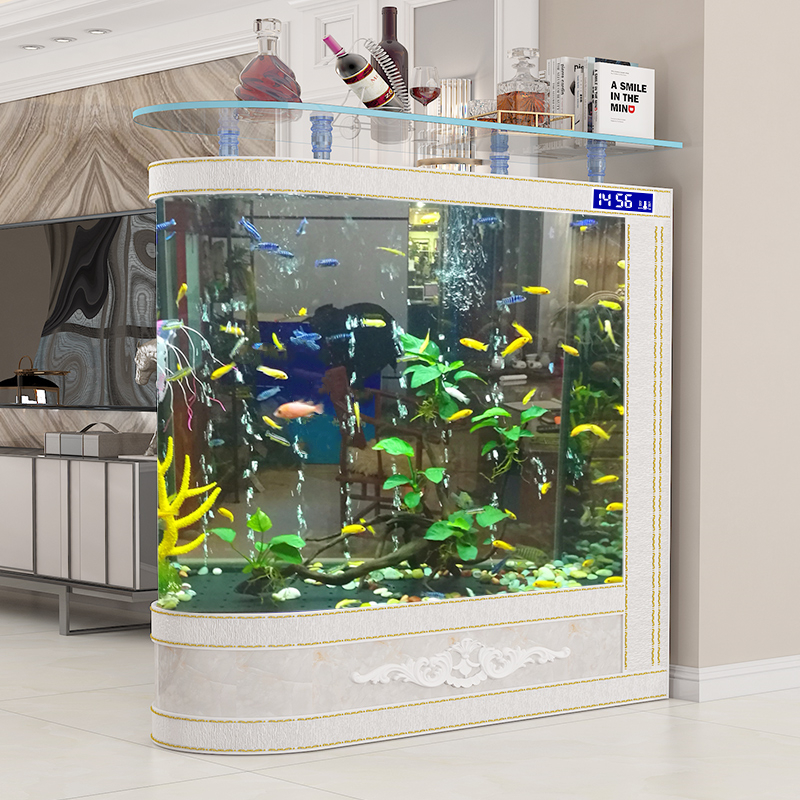 红运子弹头欧式鱼缸客厅小型隔断屏风底滤鱼缸弧型大型落地水族箱